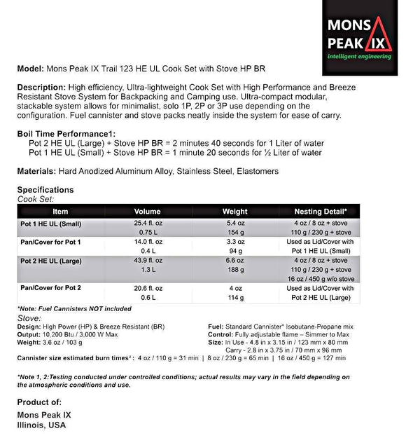 Mons Peak IX Trail 123 HE UL Cook Set w/ Stove - Harland's Crate
